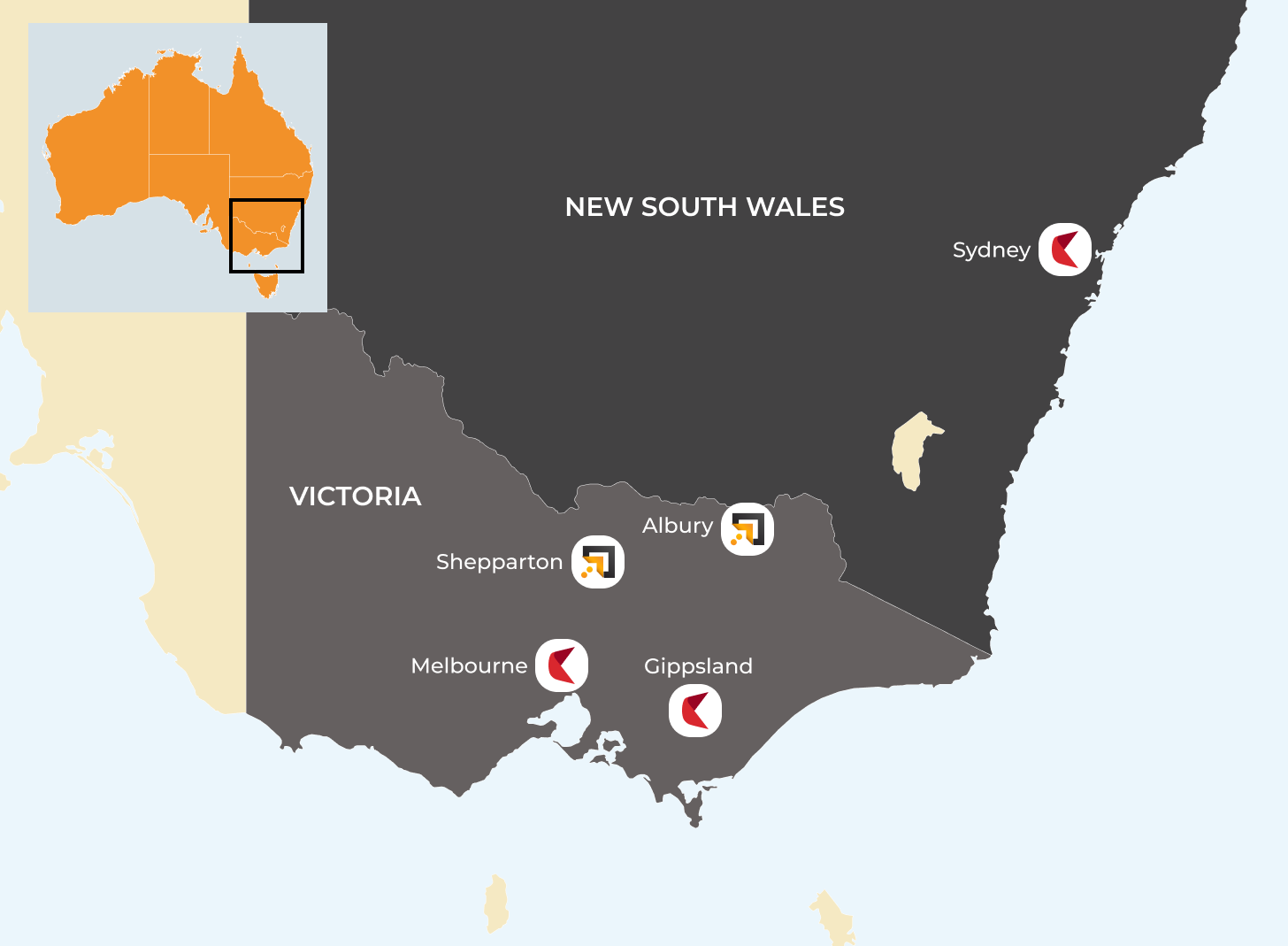 Map of Next Tech Group locations and partner businesses across NSW and VIC